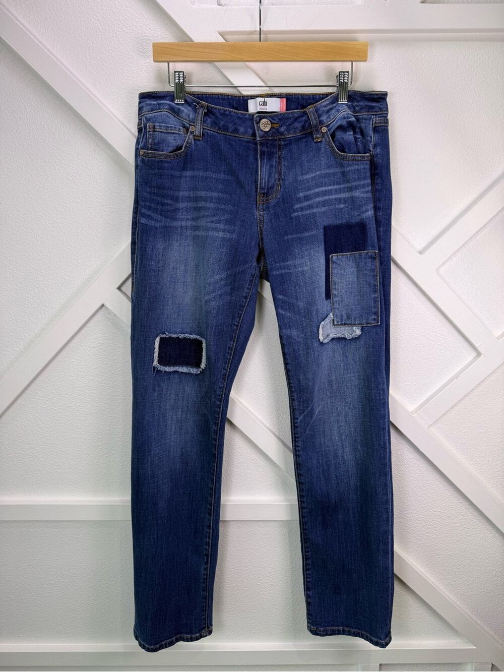 CAbi Slim Boyfriend Jeans Distressed Patch Denim Medium Wash #5308 Size 10